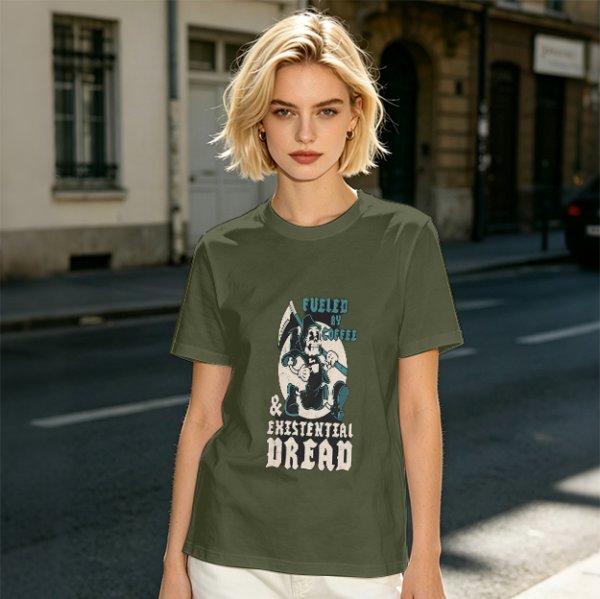 Olive graphic t-shirt with 'Fueled by Coffee & Existential Dread' grim reaper print