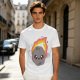 Olive green t-shirt with cute cartoon flaming asteroid graphic
