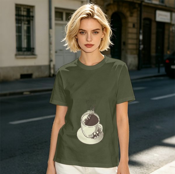 Olive T-Shirt With Hot Cocoa Cup And Marshmallows Graphic Print