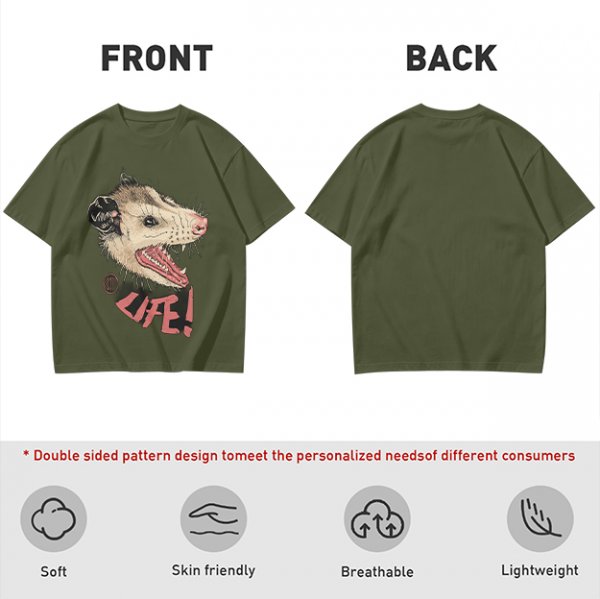 Olive T-Shirt With Aggressive Opossum 'LIFE!' Graphic Print