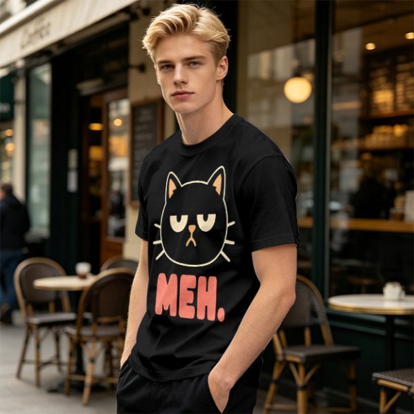 Olive T-Shirt With Grumpy Black Cat Meh Graphic Print
