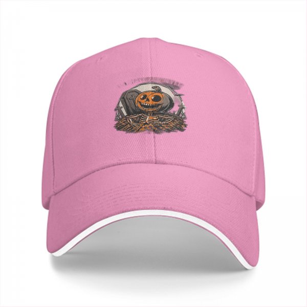 Black baseball cap with Halloween pumpkin skeleton graveyard graphic