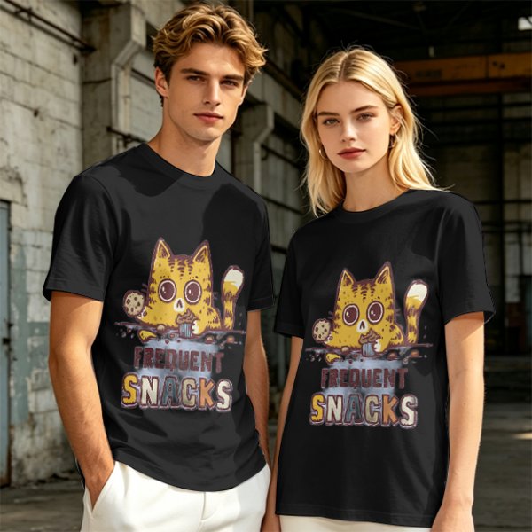 Olive T-Shirt With Cat Eating Snacks Frequent Snacks Print