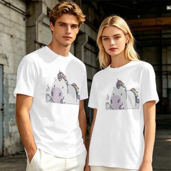 Olive green t-shirt with a chubby unicorn holding a steaming coffee cup