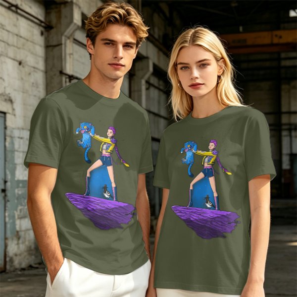 Olive T-shirt with Art Print of Girl Holding Blue Creature on Floating Rock
