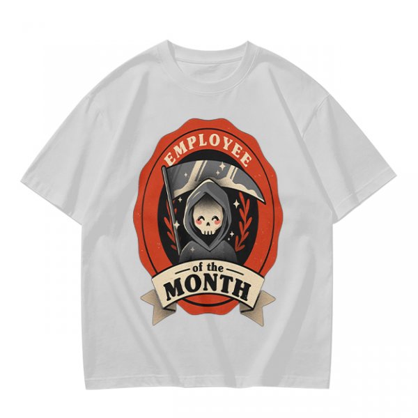 Olive T-Shirt with Cute Grim Reaper Employee of the Month Print