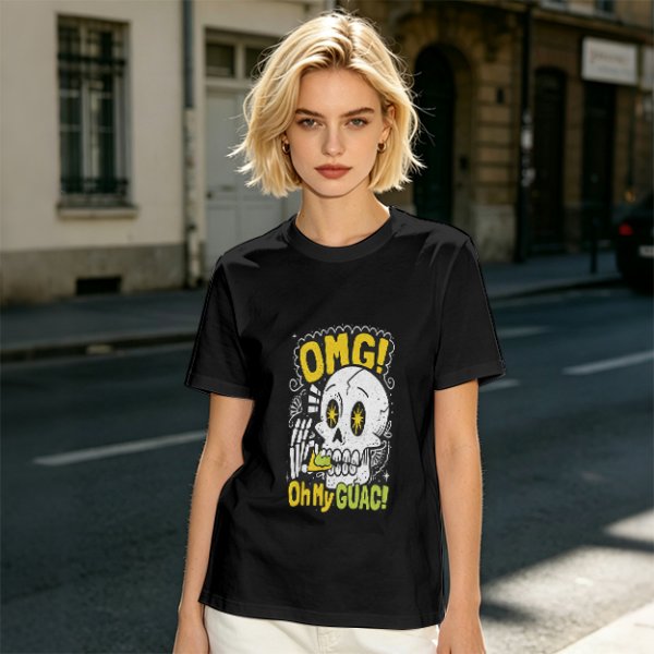 Olive T-Shirt With Funny Skull 'OMG Oh My Guac!' Print