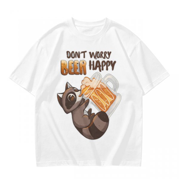 Oversized olive t-shirt with raccoon drinking beer graphic