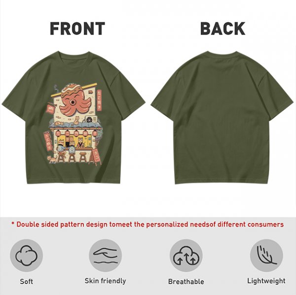 Olive T-Shirt with Octopus Takoyaki Shop Cat Art Print