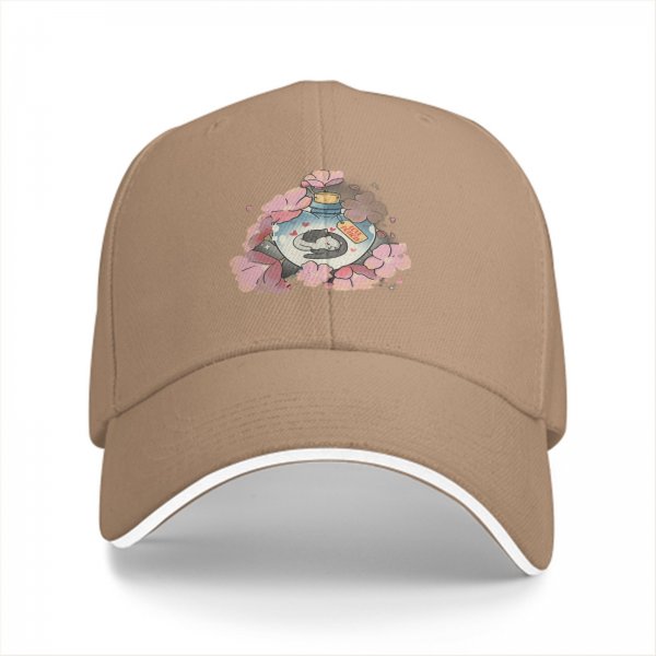 Black baseball cap with sleeping cat in potion bottle and pink flowers print