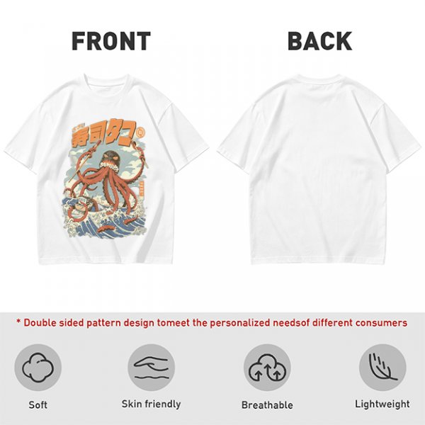 Olive t-shirt with Japanese octopus sushi warrior wave graphic