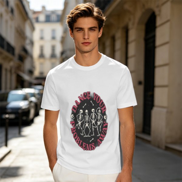 Olive T-shirt with Dancing Skeletons and 'Dance Your Problems Away' Text
