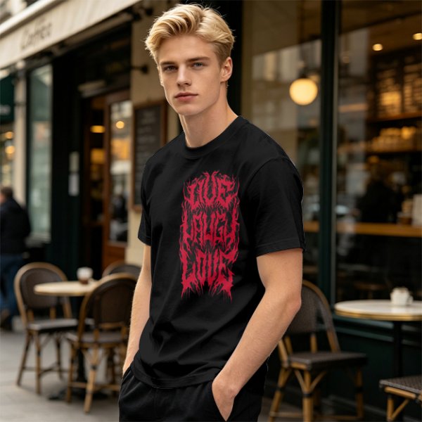 Olive green graphic t-shirt with dark metal style Live Laugh Love print