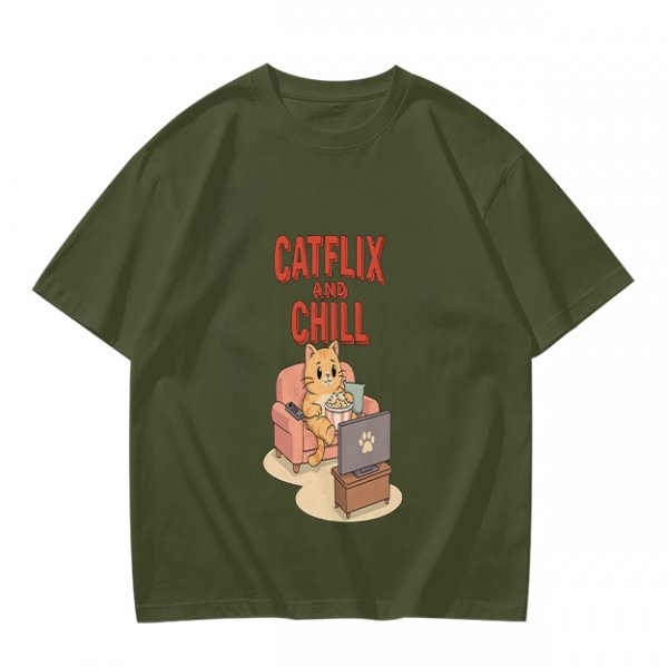 Catflix and Chill Orange Cat Watching TV Graphic T-Shirt