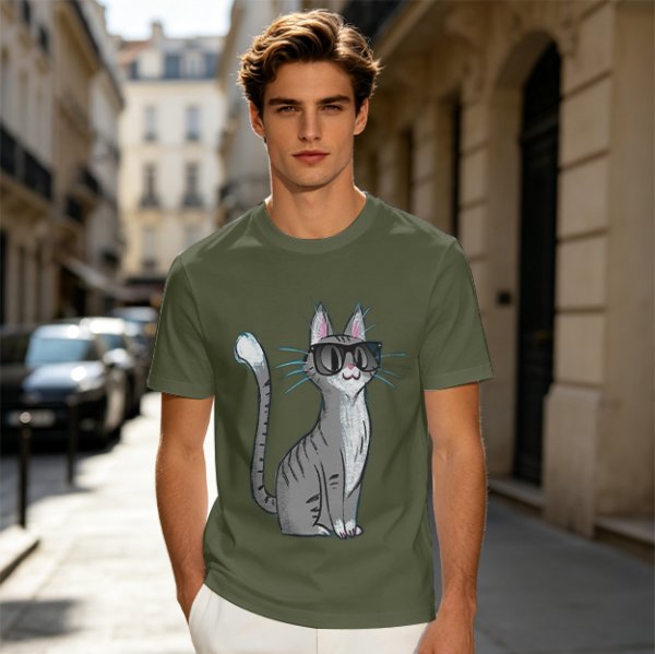 Olive T-Shirt With Cool Gray Cat Wearing Sunglasses Print