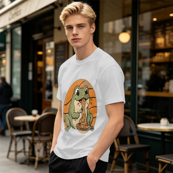 Olive Green T-Shirt Featuring a Frog Eating Spaghetti Graphic