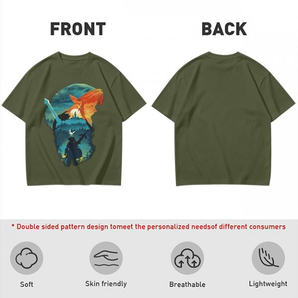 Olive green t-shirt with fantasy warrior silhouette graphic