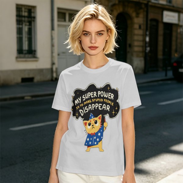 Olive T-shirt with Wizard Cat 'My Super Power Is To Make Stupid People Disappear' Print