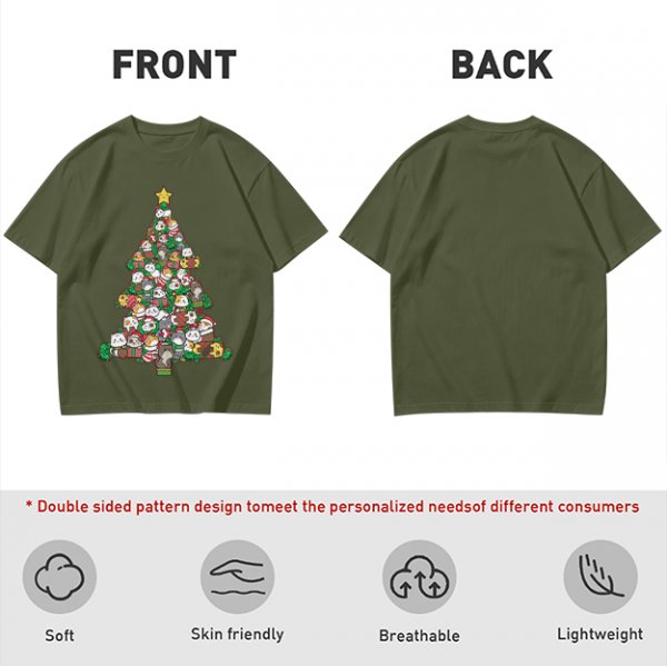 Olive T-Shirt With Cute Cat Christmas Tree Holiday Print