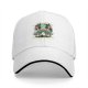 Black baseball cap with meditating frog and 'Less Hate Meditate' mushroom design