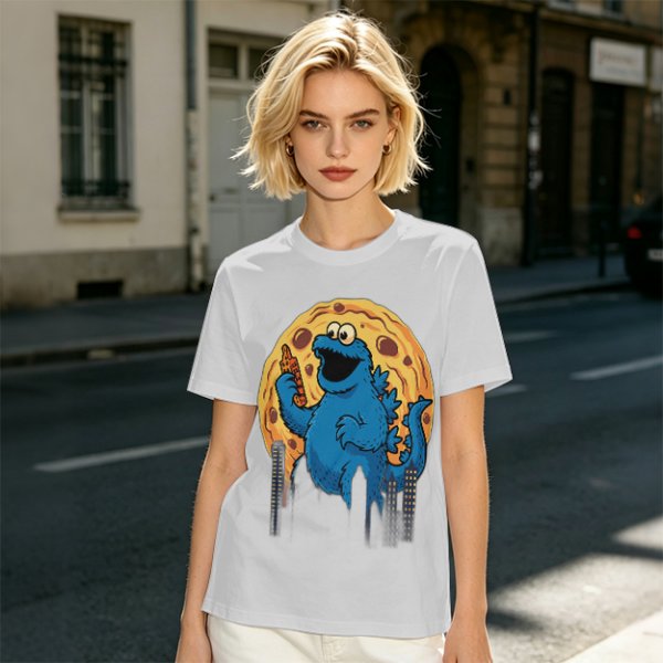 Olive T-Shirt Featuring Giant Cookie Monster Holding Cookie Against Moon