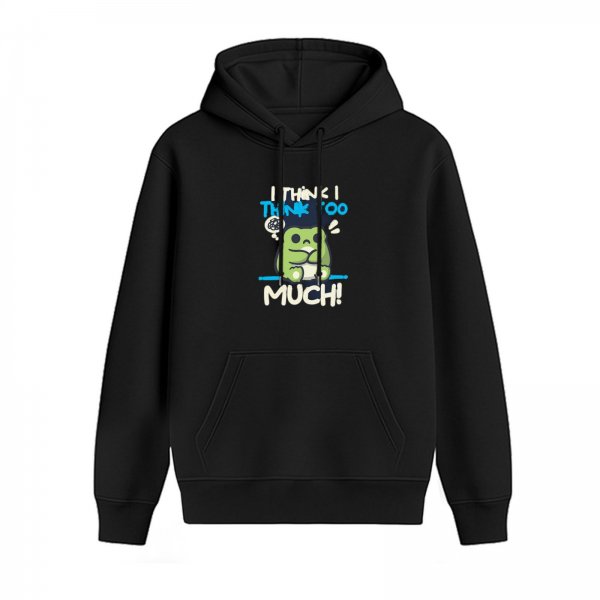 Black hoodie with a thinking frog graphic that says I think I think too much