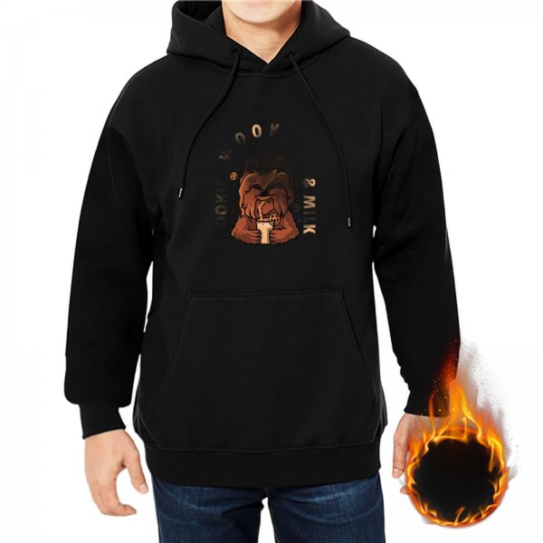 Black hoodie with a cartoon dog holding milk and cookie graphic