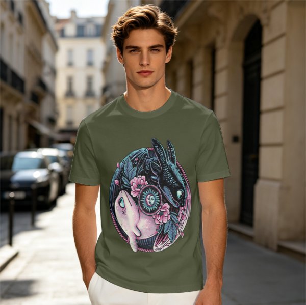 Olive T-Shirt with Yin Yang Dragon Floral Sun Moon Art