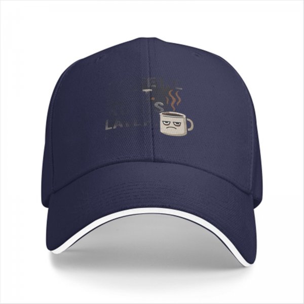 Black baseball cap with grumpy coffee cup graphic design