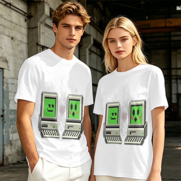 Olive T-shirt with pixel art retro computer characters print
