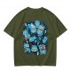 Olive T-Shirt With Playful Blue Cat Character Print