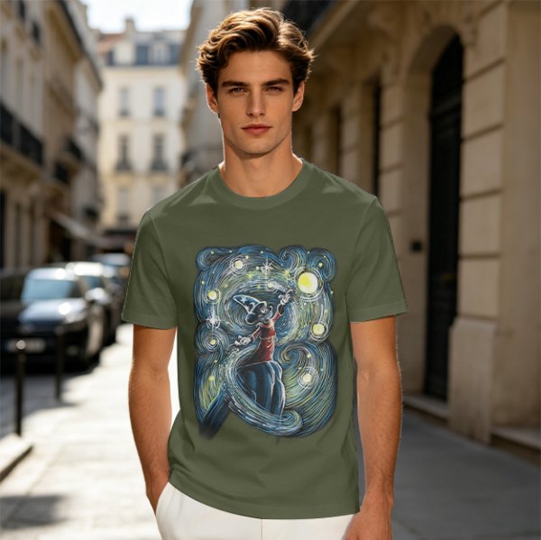Olive T-Shirt With Sorcerer Mickey Starry Night Artwork