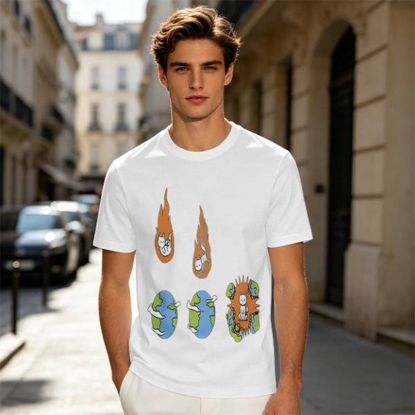 Olive Graphic Tee With Falling Cat Comets And Earth Artwork