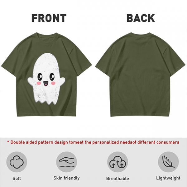 Olive T-shirt with Cute Kawaii Ghost Graphic Print