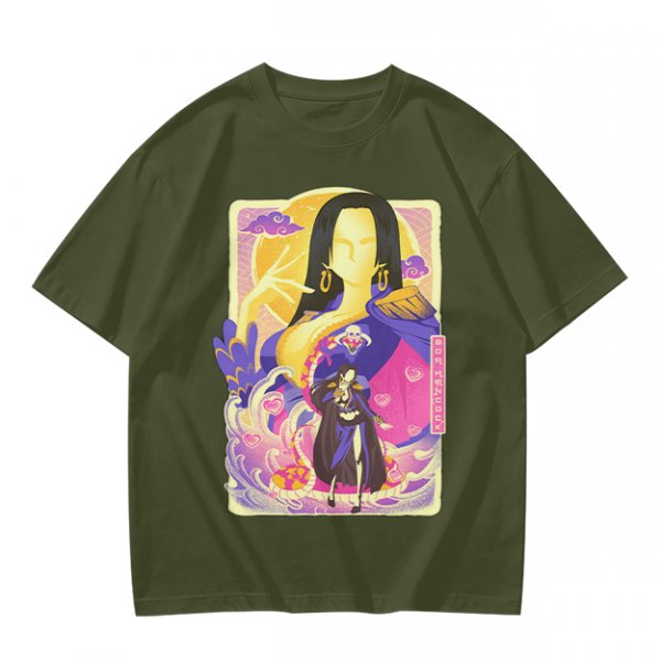 Oriental anime character graphic olive green casual t-shirt