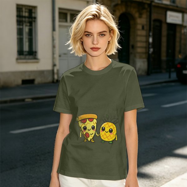 Olive T-Shirt with Cute Pizza and Pineapple Holding Hands Print