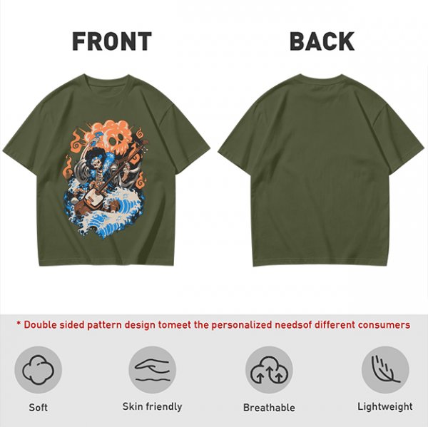 Olive T-shirt with Skeleton Musician Playing Guitar Over Ocean Waves