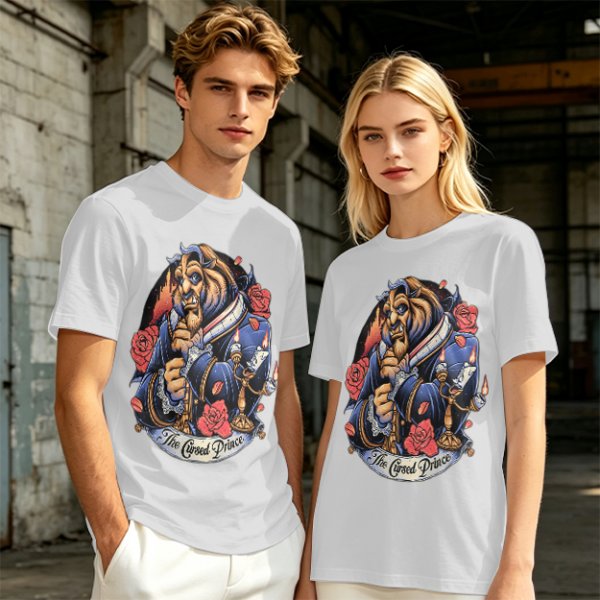 Olive T-shirt featuring The Cursed Prince Beast with roses and candelabra
