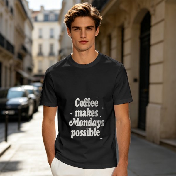 Olive green t-shirt with 'Coffee makes Mondays possible' print