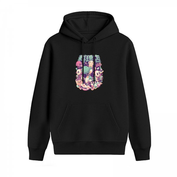 Black Hoodie With Cute Pastel Anime Character Graphic Print