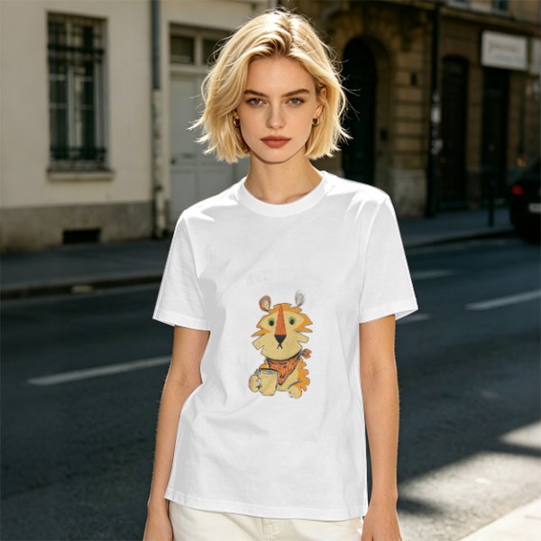 Olive Green T-Shirt with Cute Tiger Holding Coffee Mug Print