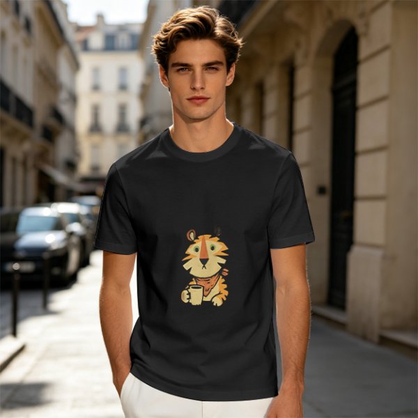 Olive Green T-Shirt with Cute Tiger Holding Coffee Mug Print