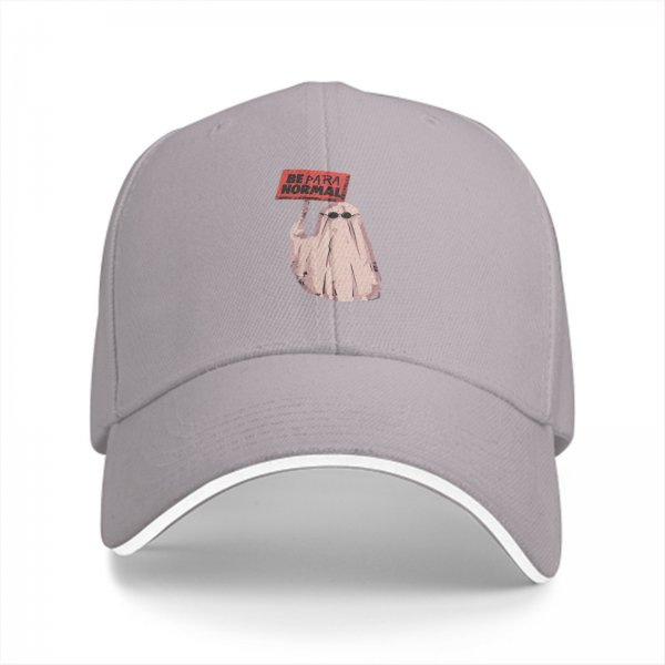 Black baseball cap with a ghost holding a 'Be Paranormal' sign