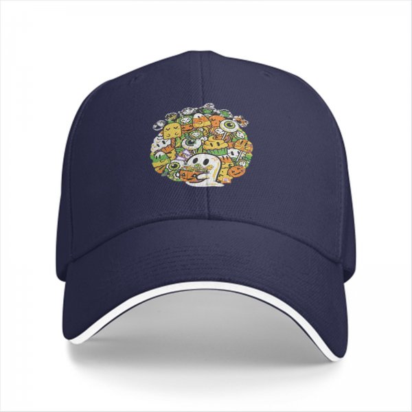 Black baseball cap with cute Halloween doodle art print