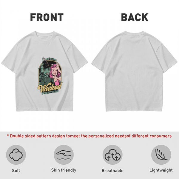Olive green graphic t-shirt with 'Let's be Wicked Together' witch design