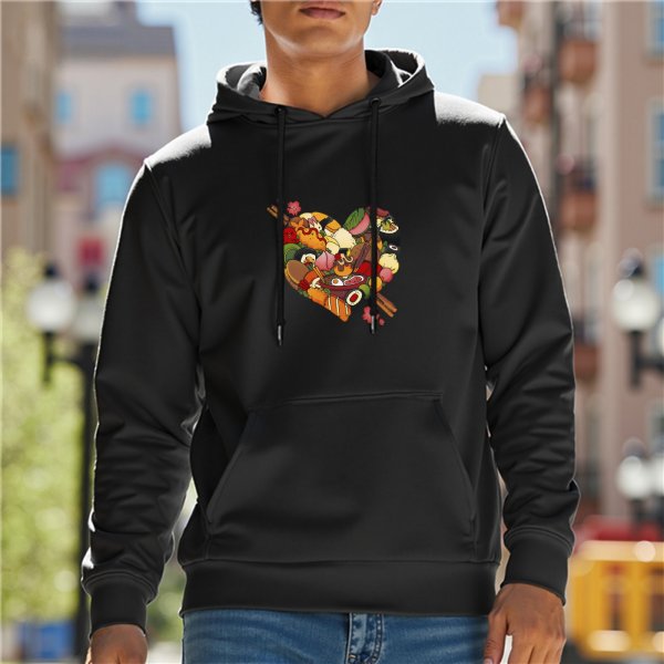 Black Hoodie With Food Heart Graphic Design