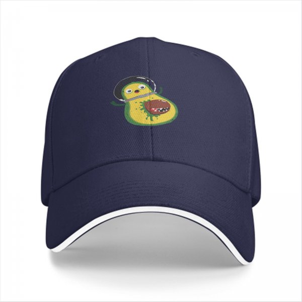 Black baseball cap with cartoon astronaut avocado print