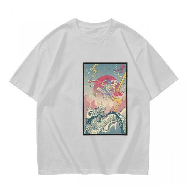 Olive T-shirt with Japanese style dragon and lightning graphic print