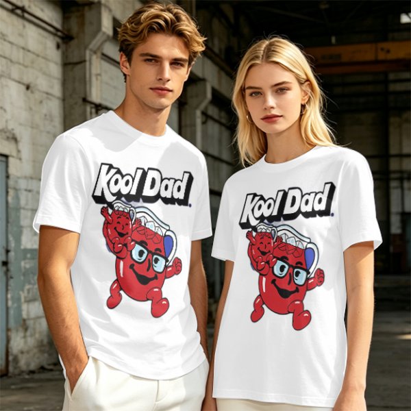 Olive green graphic t-shirt with Kool Dad and Kool-Aid mascot print