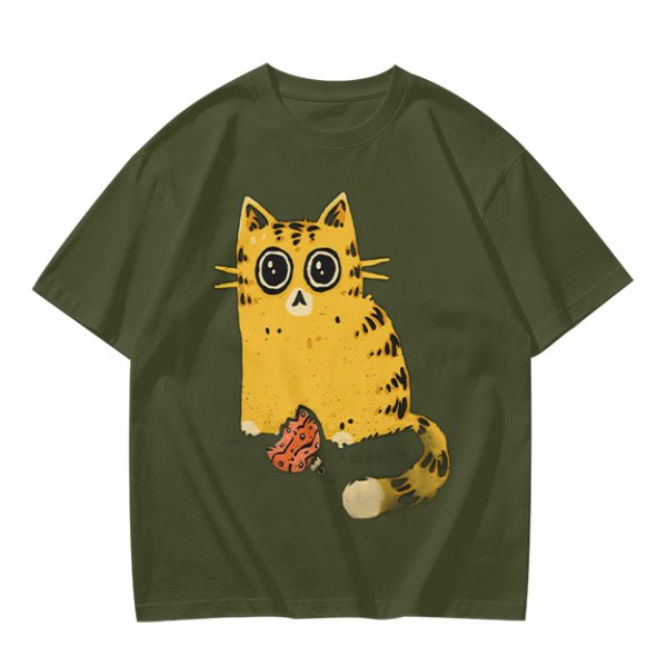 Olive T-Shirt With Cute Surprised Orange Tabby Cat Holding Meat Print
